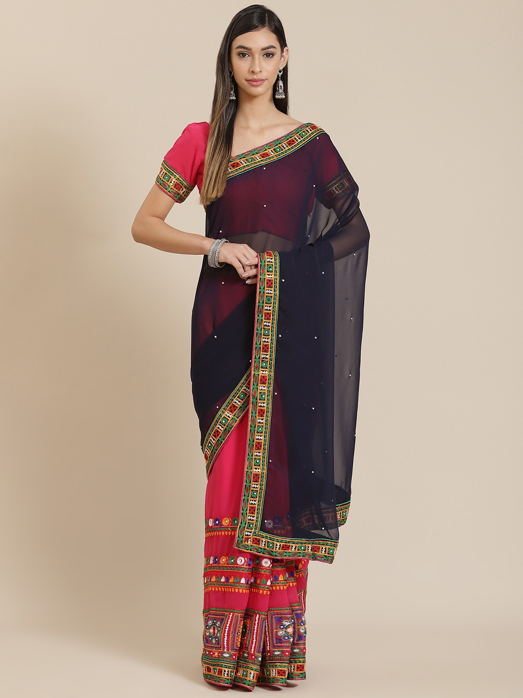 SERONA FABRICS Navy Blue & Pink Embellished Kutchi Embroidery Pure Georgette Half and Half Saree
