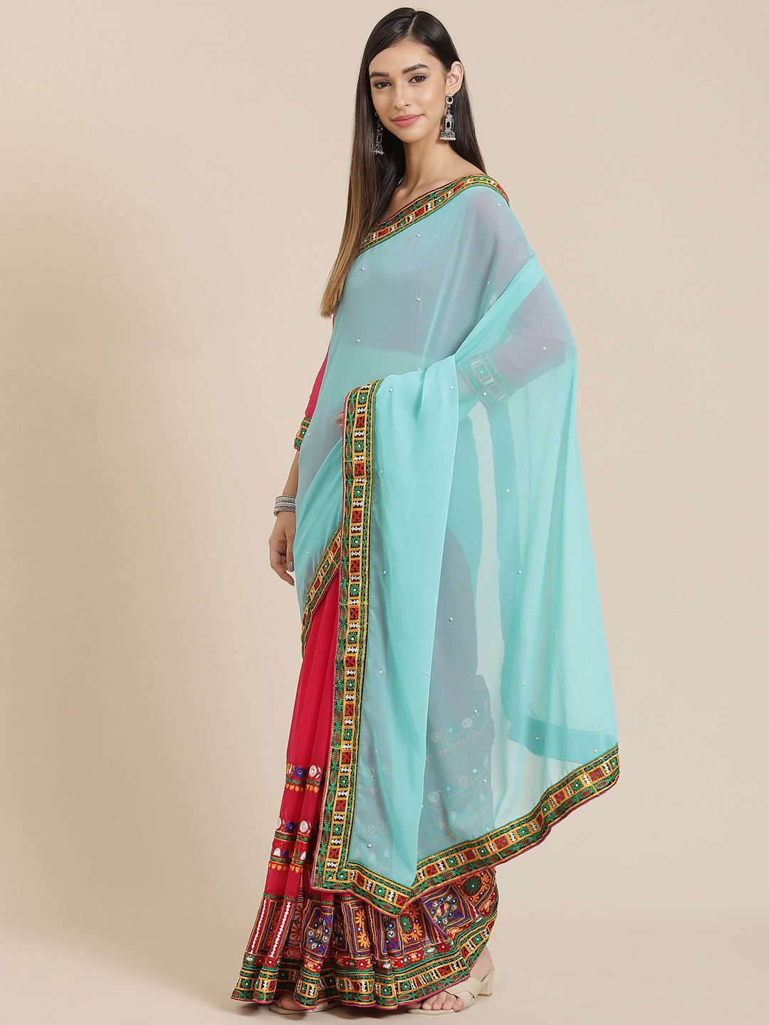 

SERONA FABRICS Turquoise Blue & Pink Kutchi Embroidery Pure Georgette Half and Half Saree
