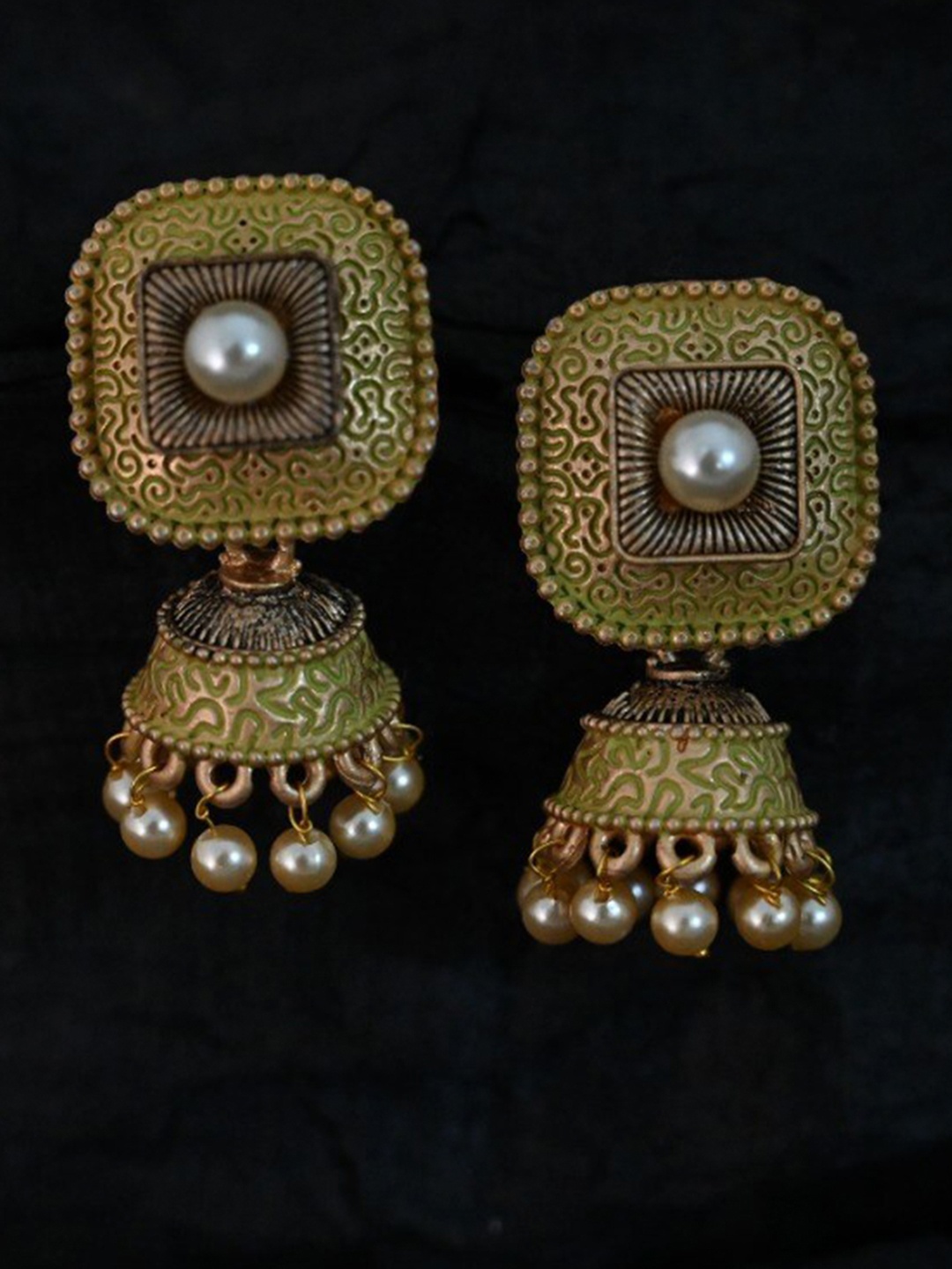 

justpeachy Green Ethnic Meenkari Jhumkas With Pearl Embellishment