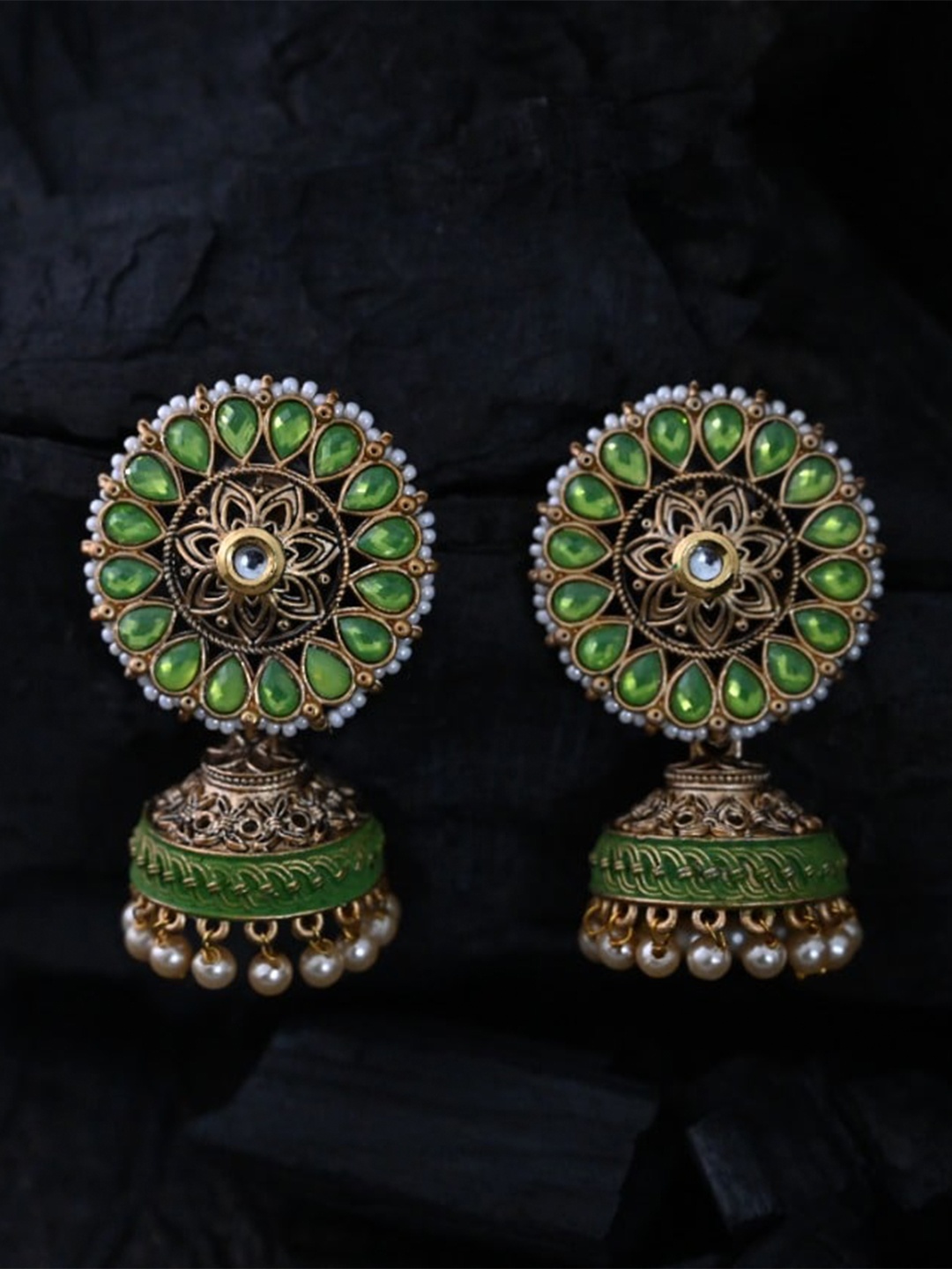 

justpeachy Green & Gold-Plated Ethnic Jhumkas With Artificial Stone Embellishment