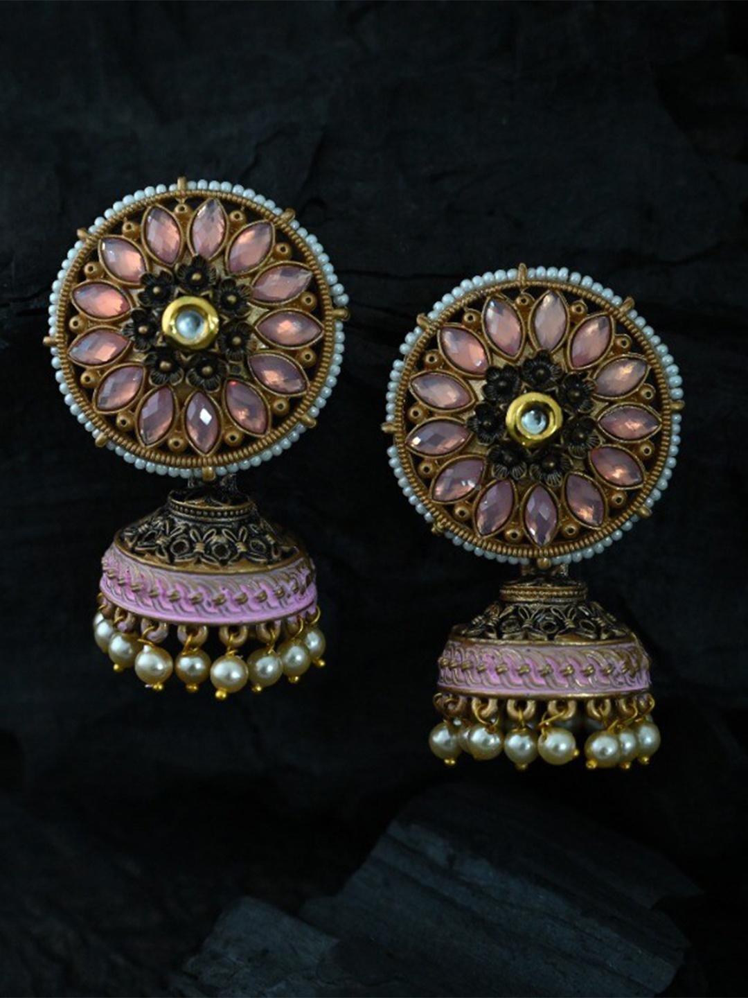 

justpeachy Pink Gold-Plated Ethnic Jhumkas With Artificial Stone Embellishment
