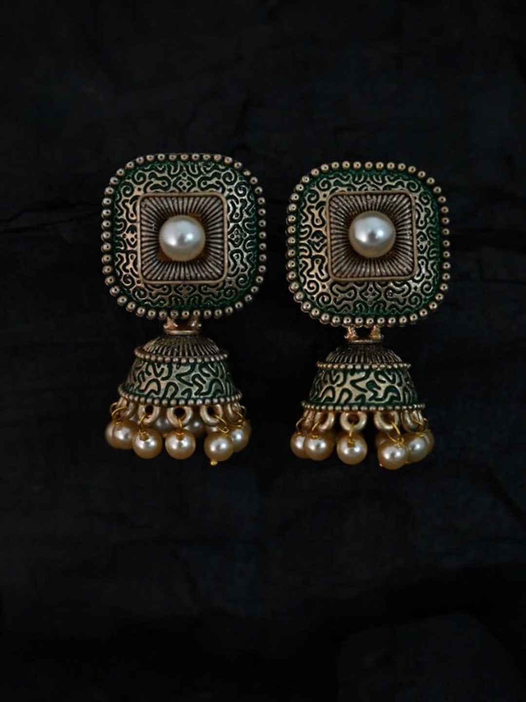 

justpeachy Green Ethnic Meenkari Jhumkas With Pearl Embellishment