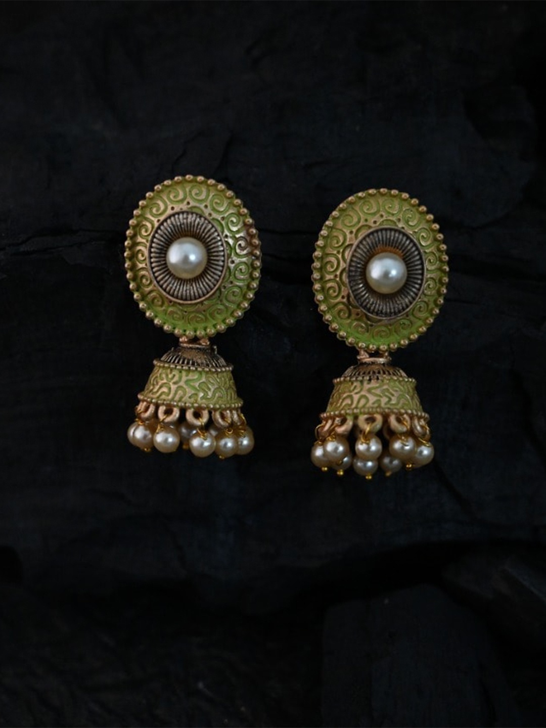 

justpeachy Green Ethnic Meenkari Jhumkas With Pearl Embellishment