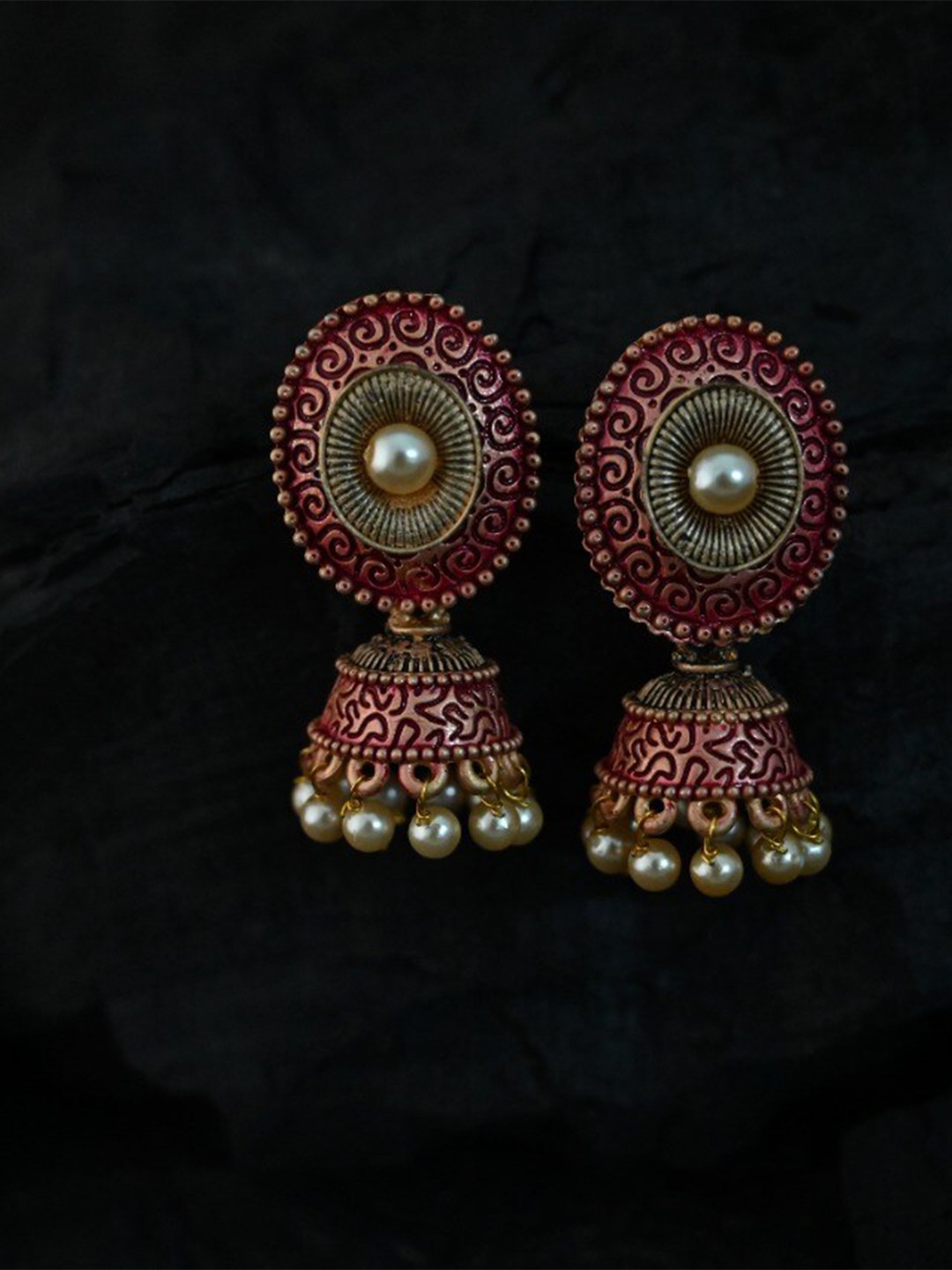

justpeachy Red Ethnic Meenkari Jhumkas With Pearl Embellishment