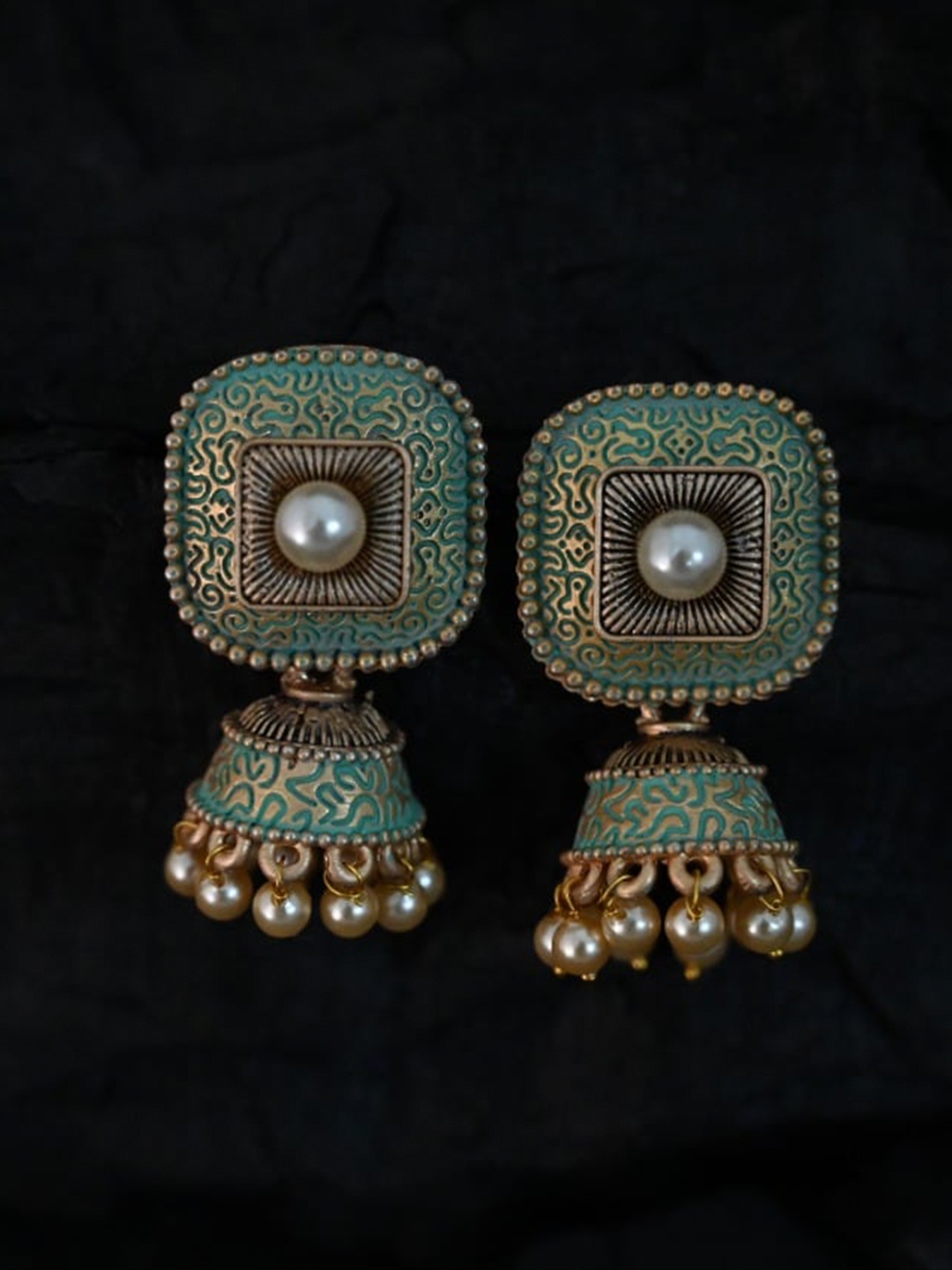 

justpeachy Green Ethnic Meenkari Jhumkas With Pearl Embellishment