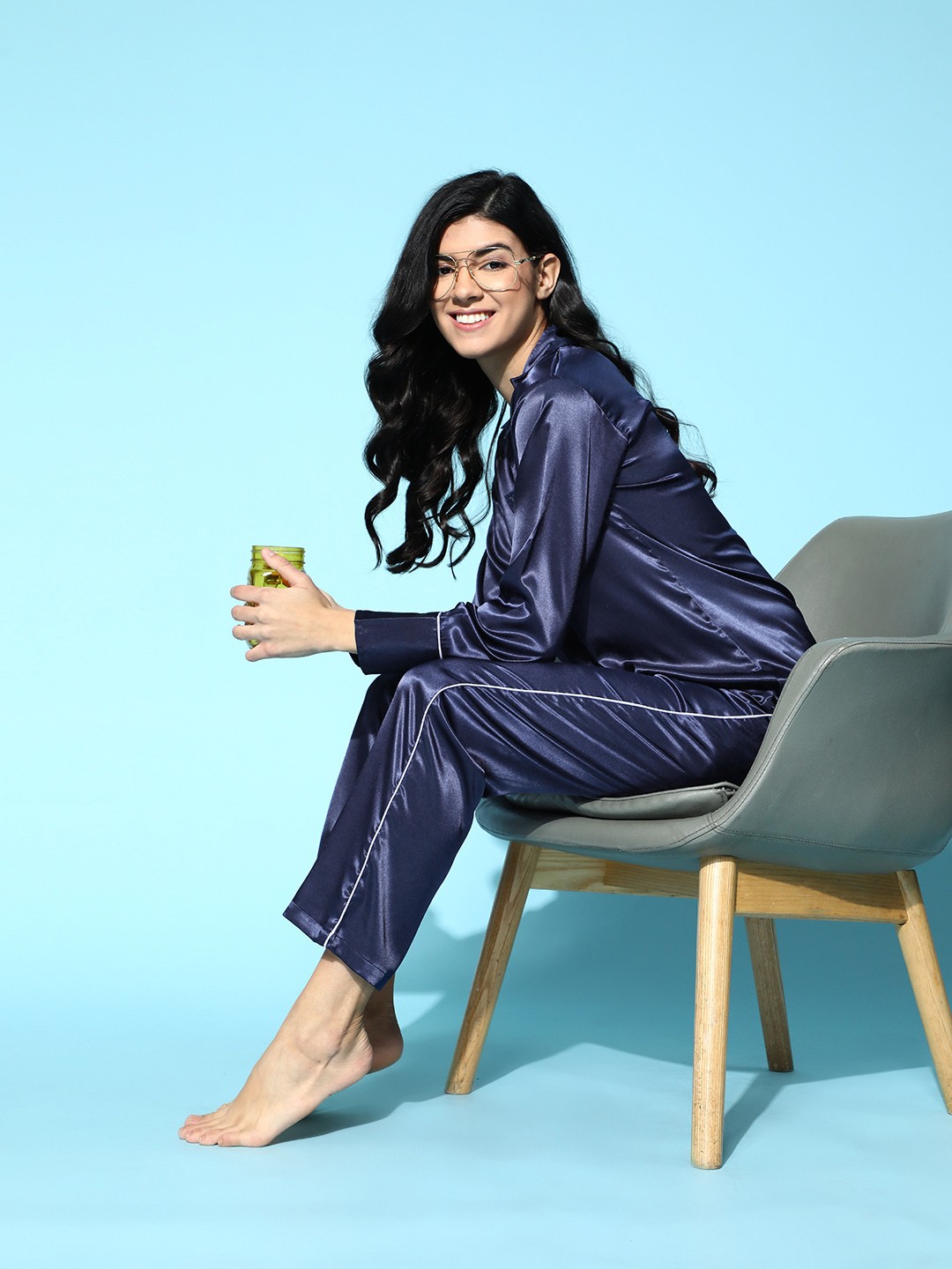 

I like me Women Deep Navy Blue Solid Satin Night Suit