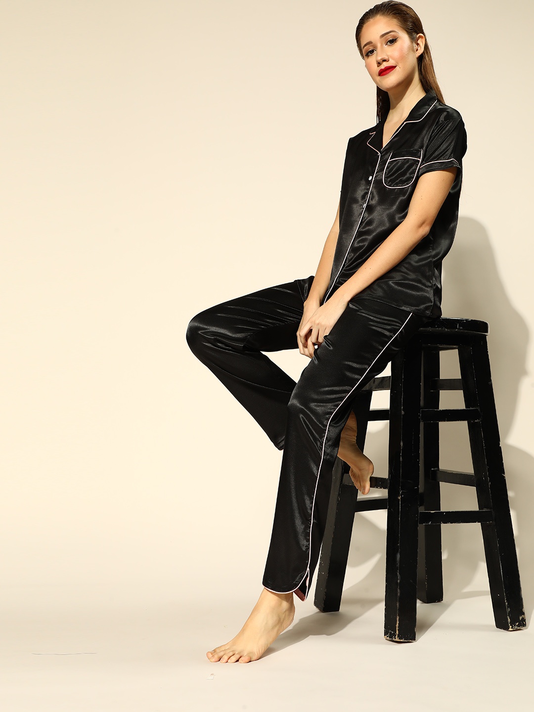 

I like me Women Stylish Black Solid Satin Night Suit