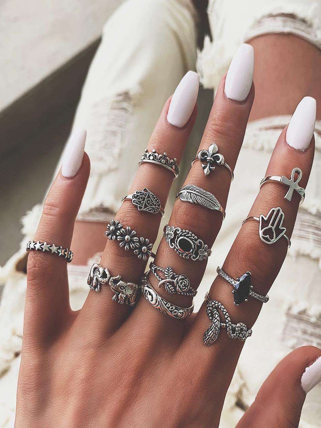 

Shining Diva Fashion Set Of 14 Silver-Plated Finger Rings