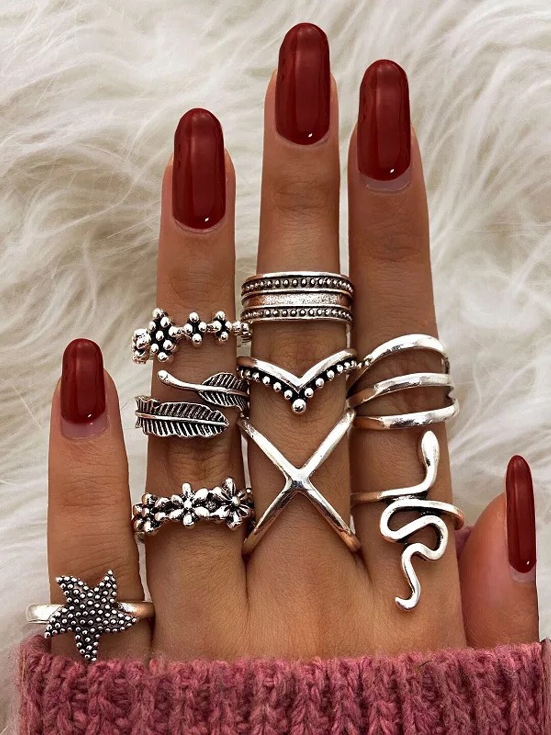 

Shining Diva Fashion Set Of 9 Oxidised Silver Plated Finger Rings