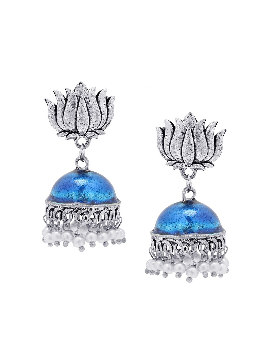 

ASMITTA JEWELLERY Silver-Toned & Blue Floral Jhumkas Earrings