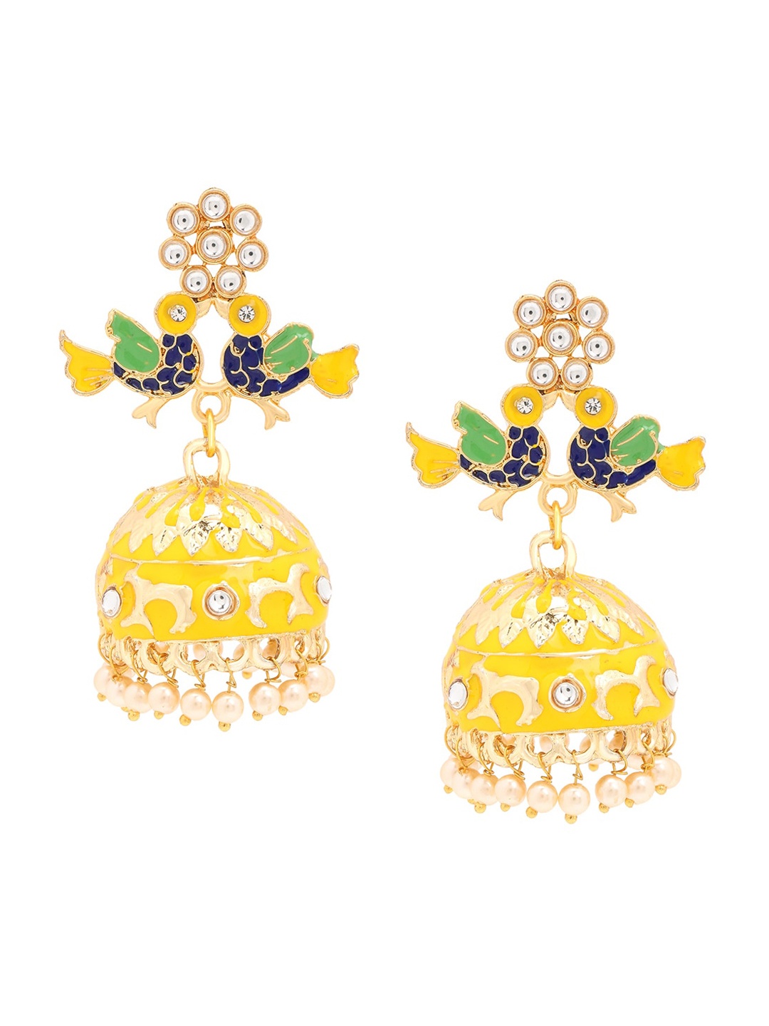 

ASMITTA JEWELLERY Yellow Dome Shaped Meenakari Kundan Pearl Studded Jhumkas