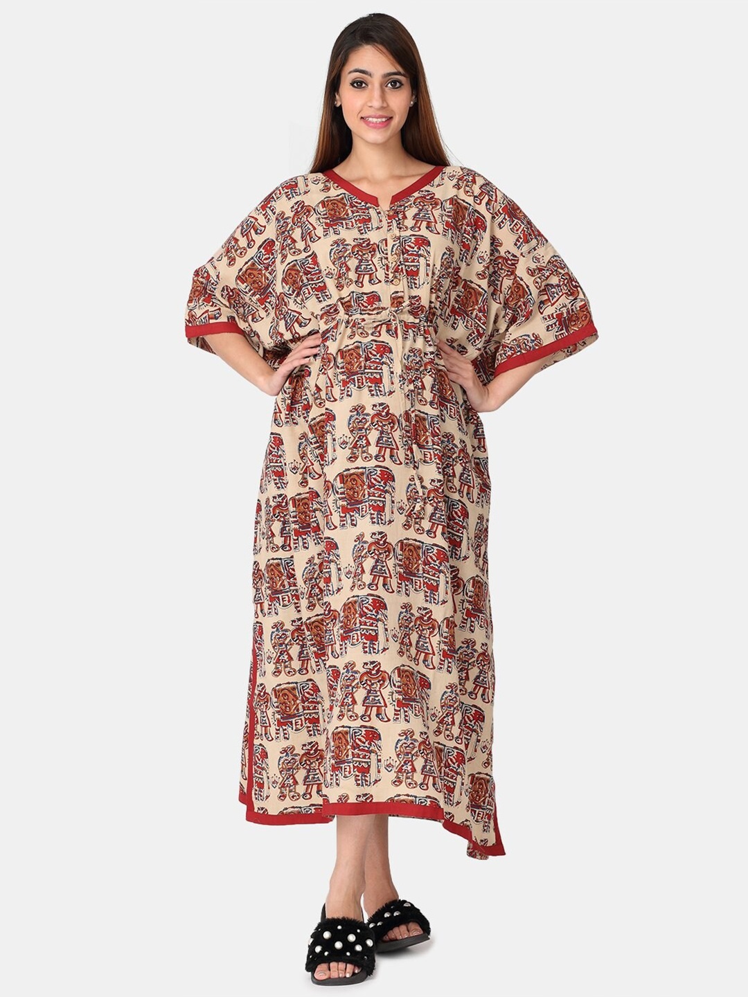 

The Mom Store Maternity Women Beige Printed Kaftan Maxi Nightdress