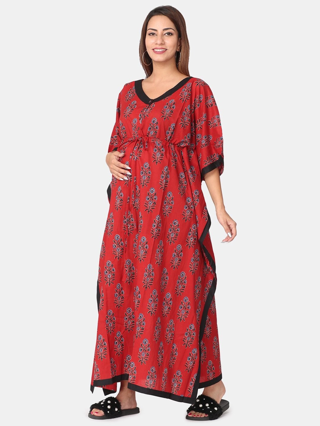 

The Mom Store Maroon Printed Maxi Maternity Nightdress