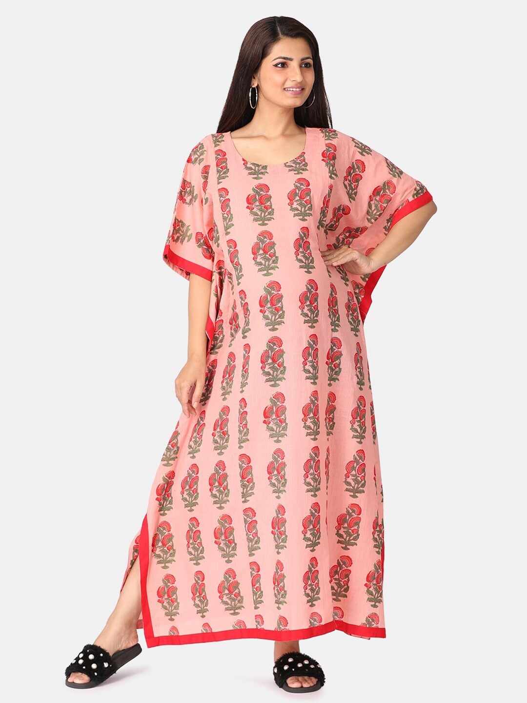 

The Mom Store Women Maternity Rose & Red Printed Pure Cotton Kaftan