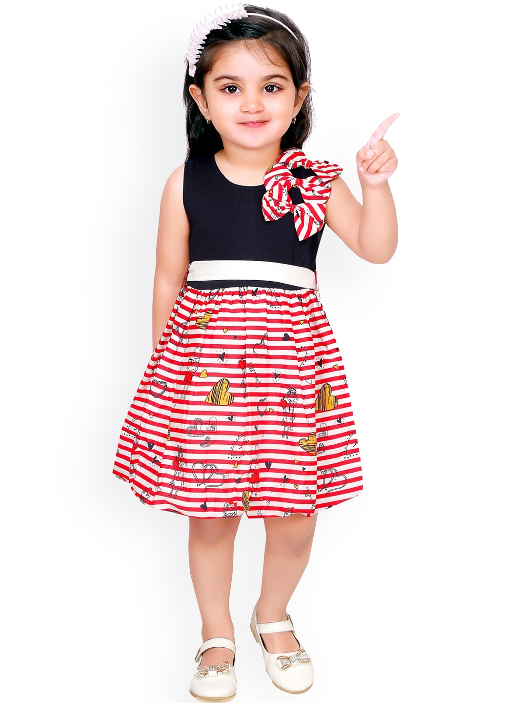 

RIKIDOOS Girls Navy Blue & Pink Striped Fit & Flare Dress With Bow