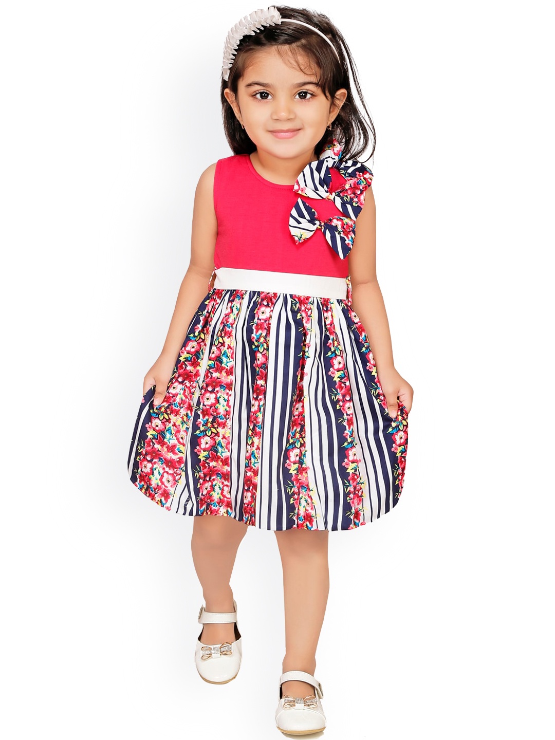 

RIKIDOOS Pink & Navy Blue Floral Dress with Bow Details