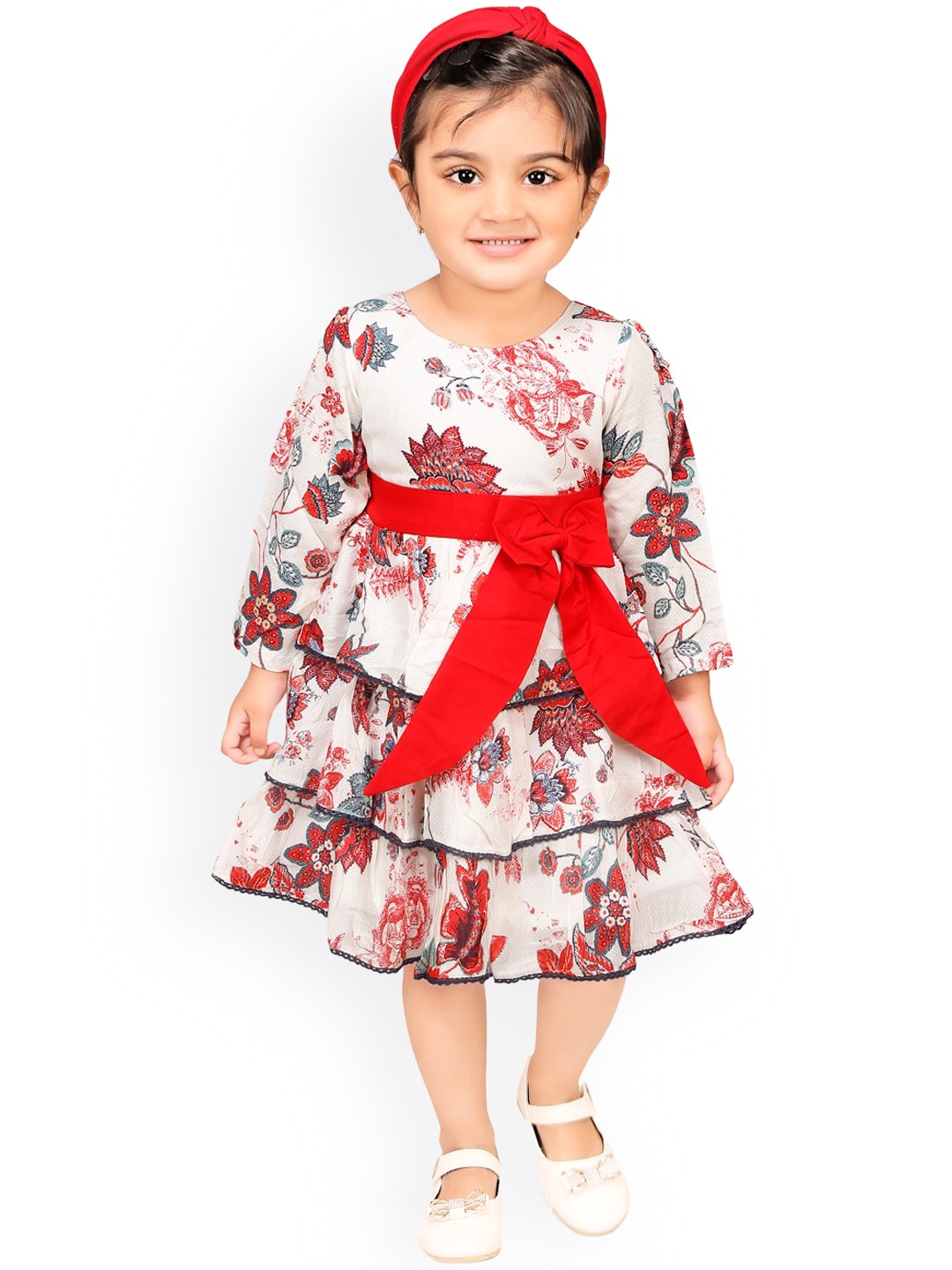 

RIKIDOOS Off White & Red Floral Printed Cotton Full Sleeve Frock