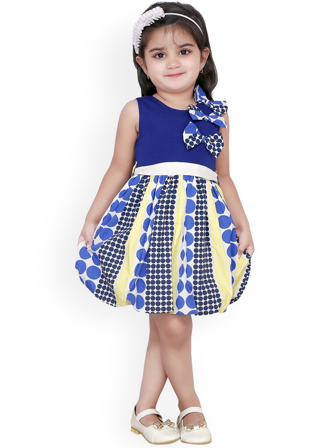

RIKIDOOS Blue Polka Dots Printed Cotton Fit and Flare Dress