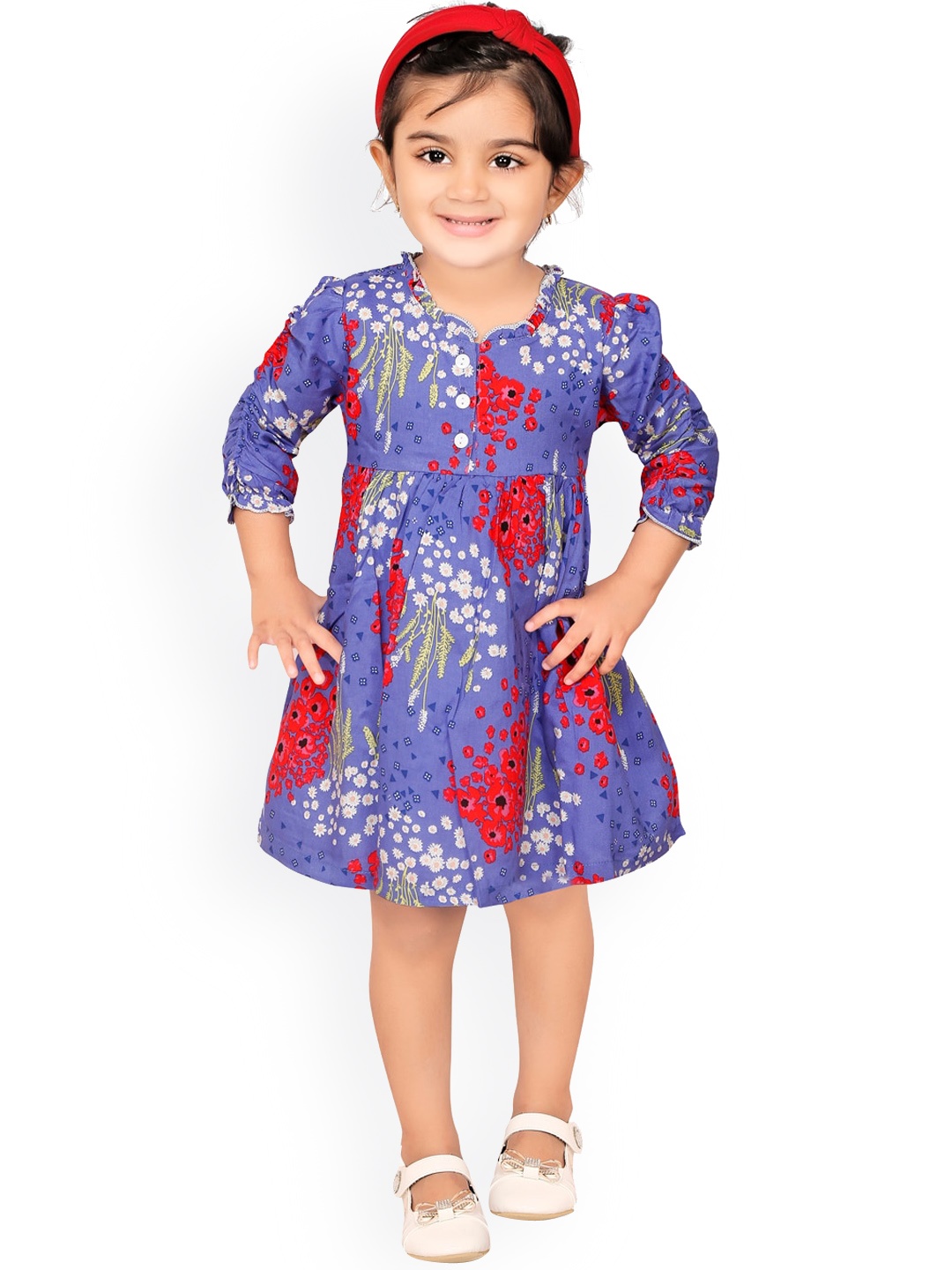 

RIKIDOOS Blue & Red Floral A-Line Cotton Dress