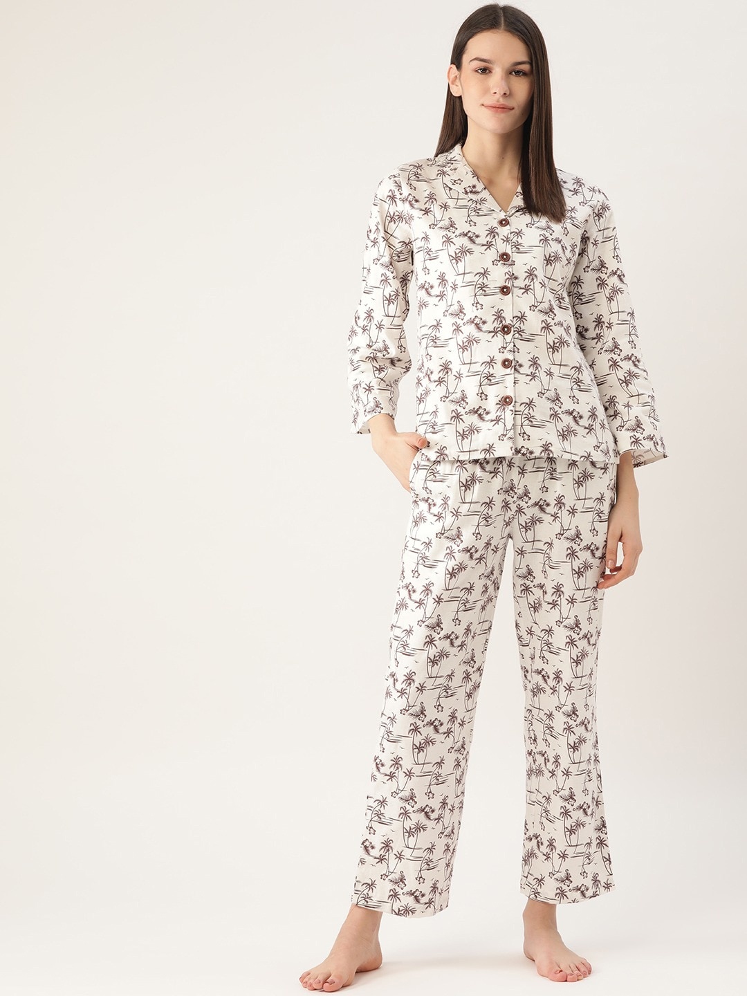 

Cottinfab Women White & Grey Tropical Printed Pure Cotton Night Suit