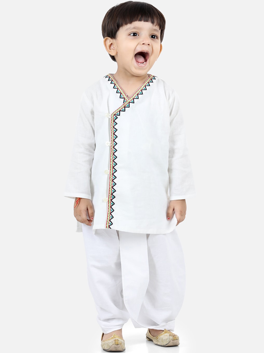 

BownBee Boys White Embroidered Angrakha Pure Cotton Kurta with Dhoti Pants