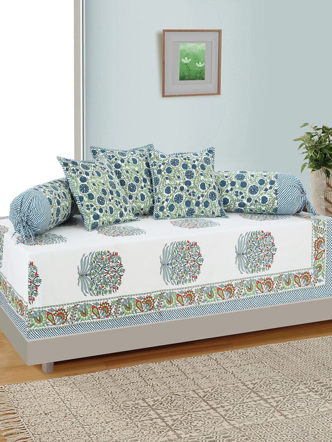 

Salona Bichona Set Of 6 White & Blue Floral Printed Pure Cotton Diwan Set