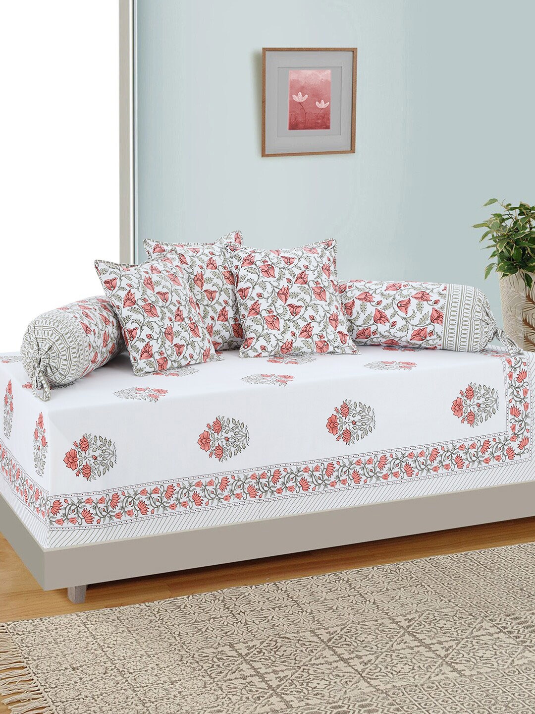 

Salona Bichona Set Of 6 White & Peach-Coloured Printed Pure Cotton Bedsheet With Bolster & Cushion Covers