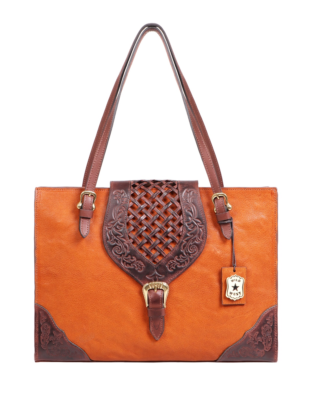 

Hidesign Orange Leather Shopper Sling Bag with Applique