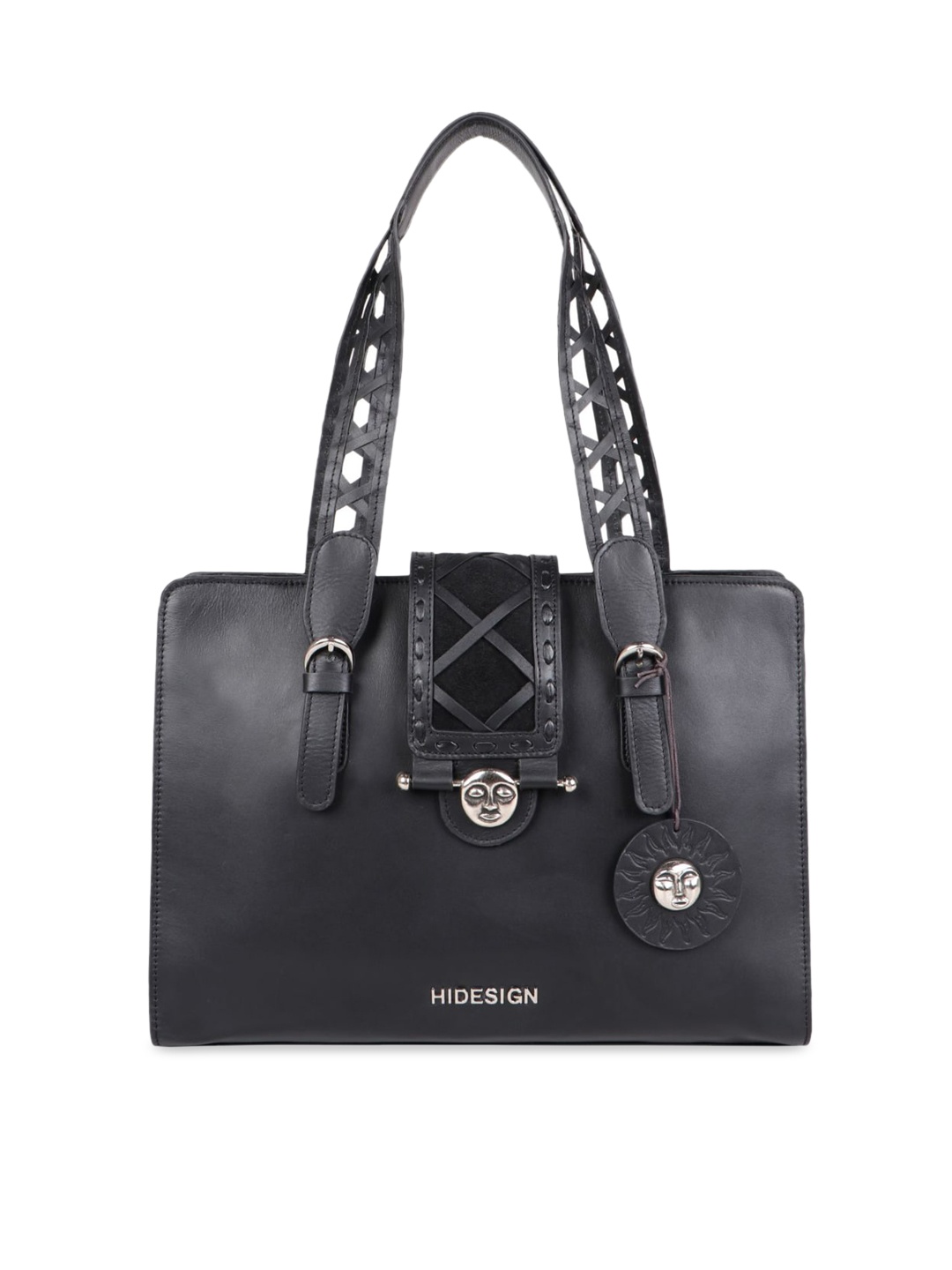 

Hidesign Black Leather Structured Handheld Bag with Cut Work