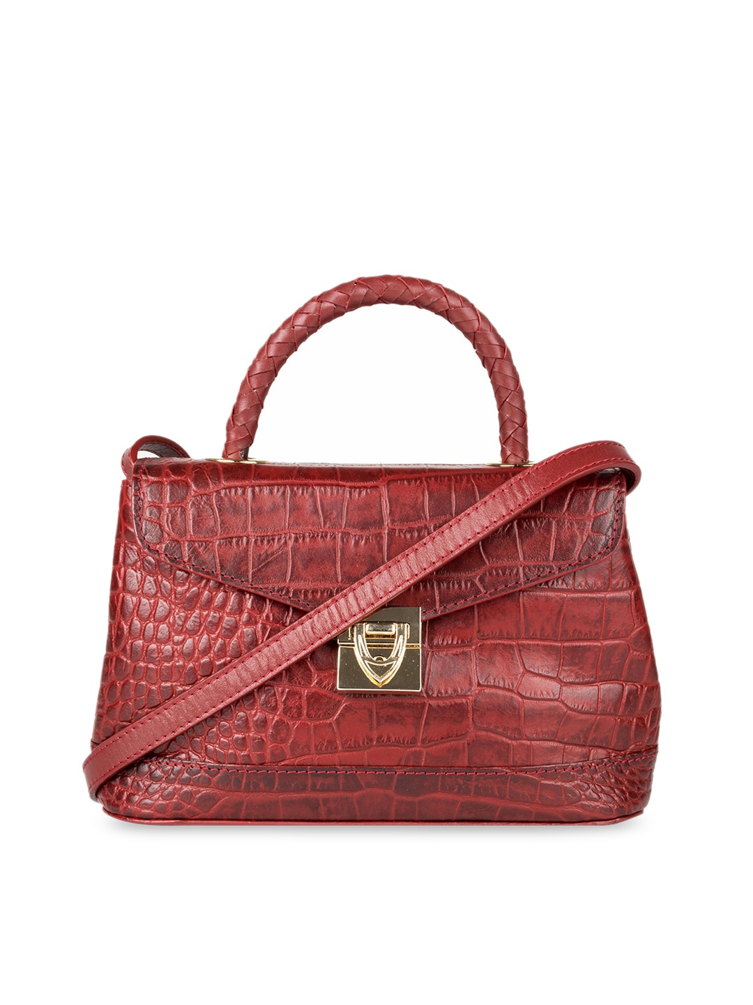 

Hidesign Red Animal Textured Leather Structured Satchel with Quilted