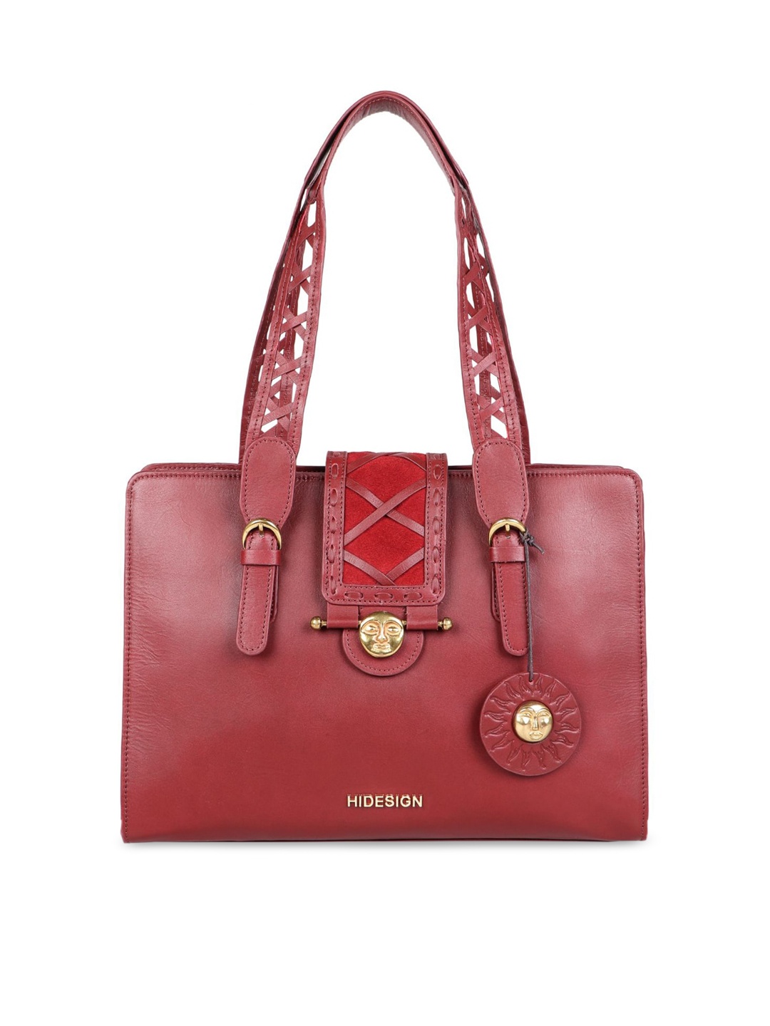 

Hidesign Red Leather Structured Handheld Bag with Quilted
