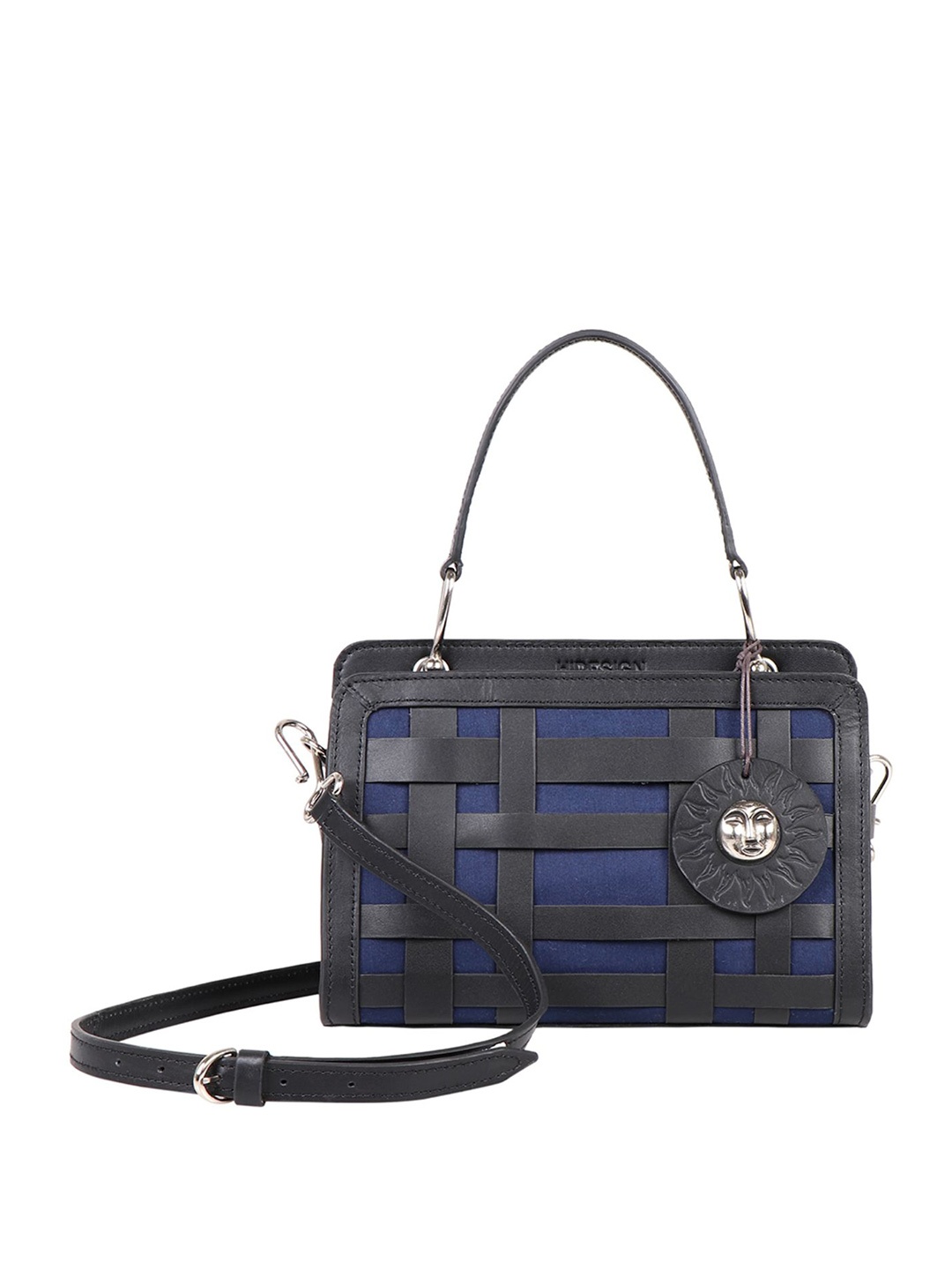 

Hidesign Black Checked Leather Structured Satchel with Cut Work