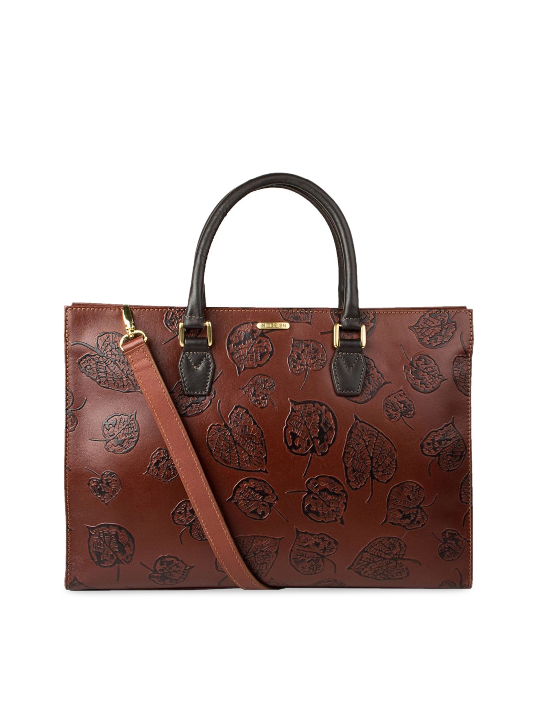

Hidesign Brown Floral Leather Structured Handheld Bag with Cut Work