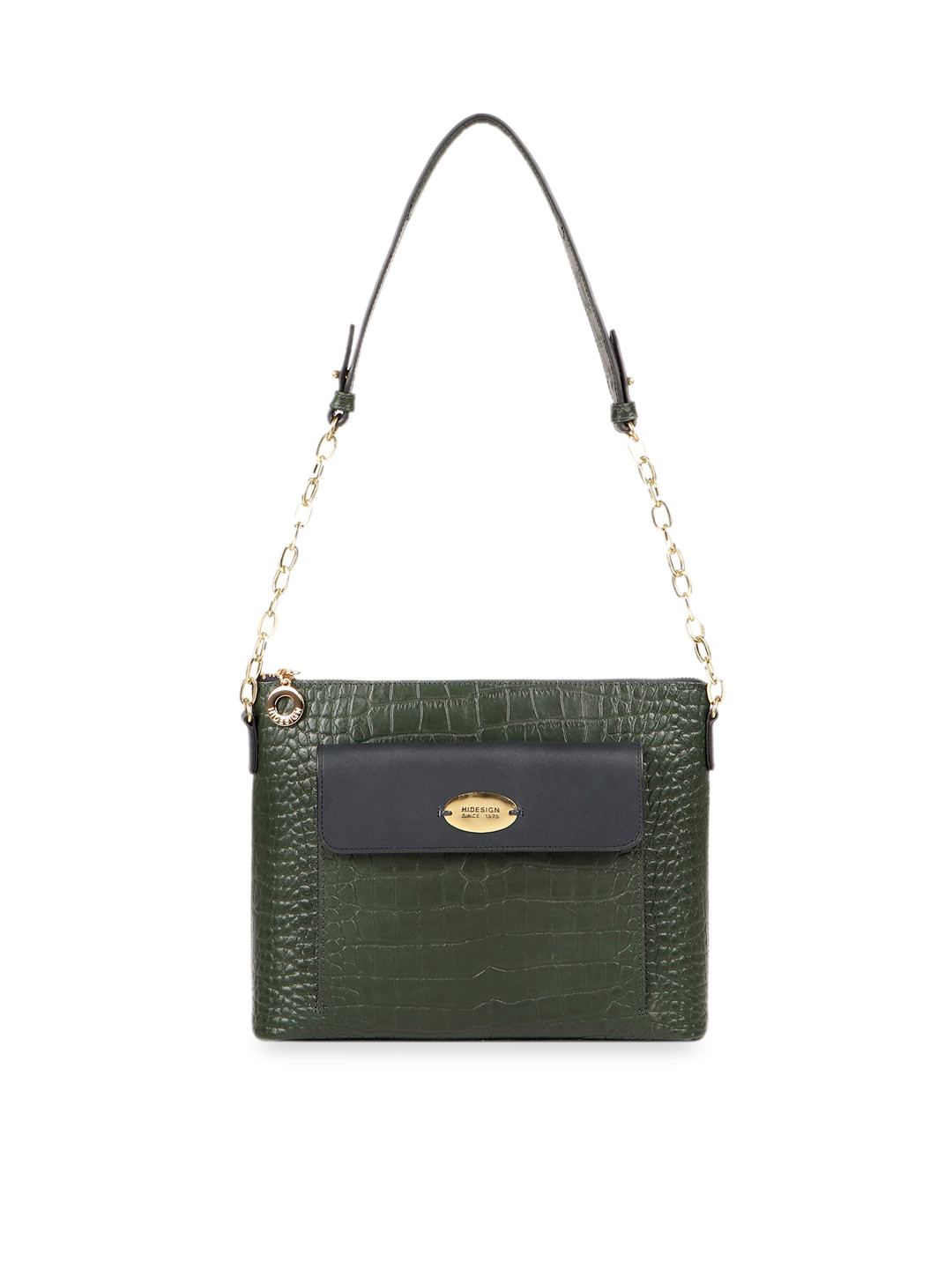 

Hidesign Green Leather Structured Shoulder Bag with Cut Work