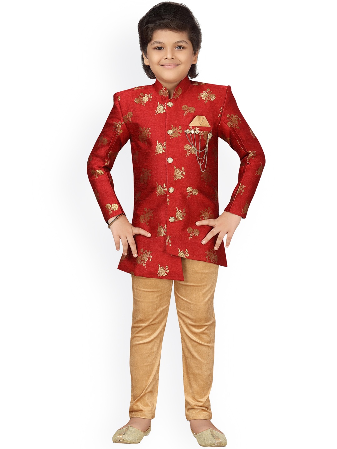 

Aj DEZInES Boys Red & Gold-Coloured Asymmetric Brocade Sherwani Set