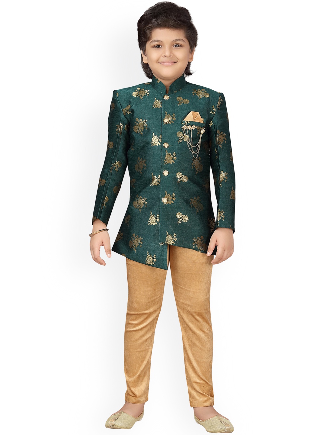 

Aj DEZInES Boys Green & Beige Jacquard Blend Floral Print Indo Western Sherwani Set
