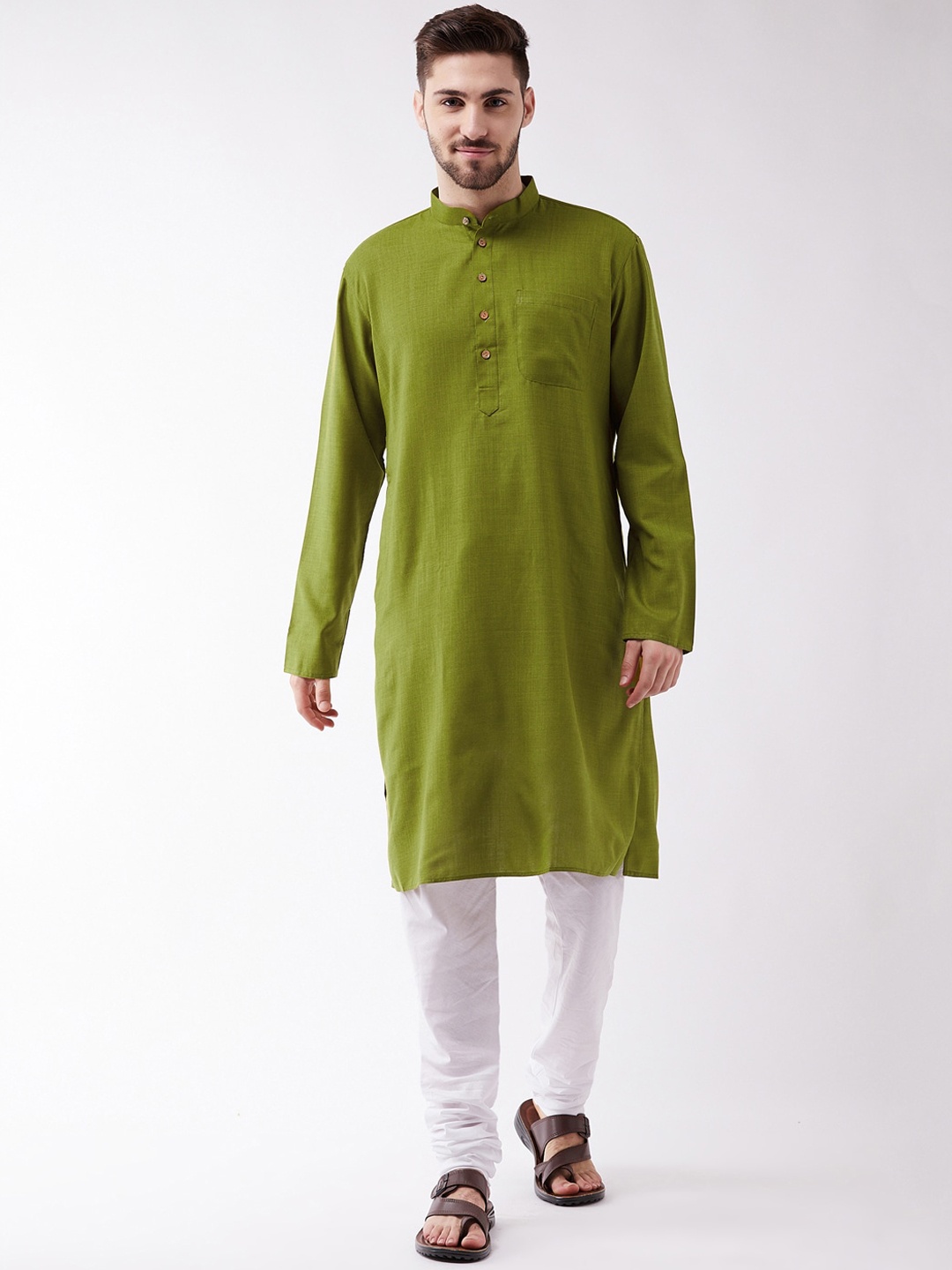 

VASTRAMAY Men Olive Green Regular Kurta with Churidar