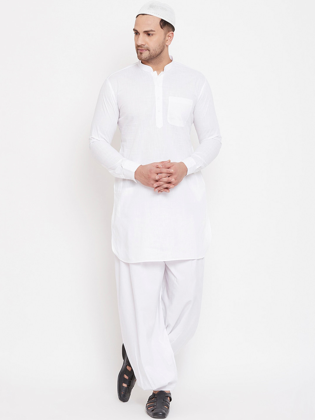 

VASTRAMAY Men White Regular Cotton Linen Kurta With Pyjamas