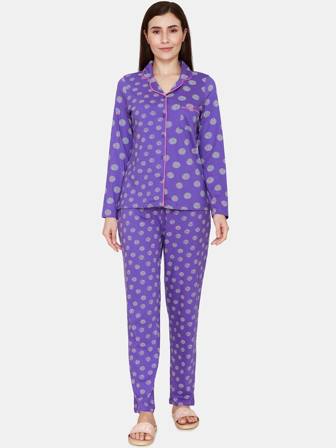 

Zivame Women Purple & Blue Printed Cotton Night suit