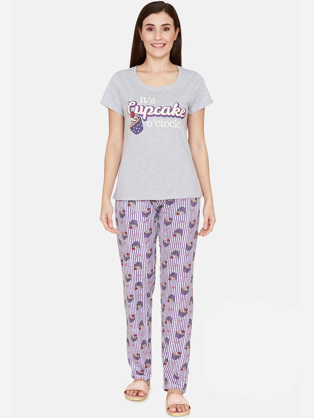 

Zivame Women Grey & Purple Printed Pure Cotton Night Suit