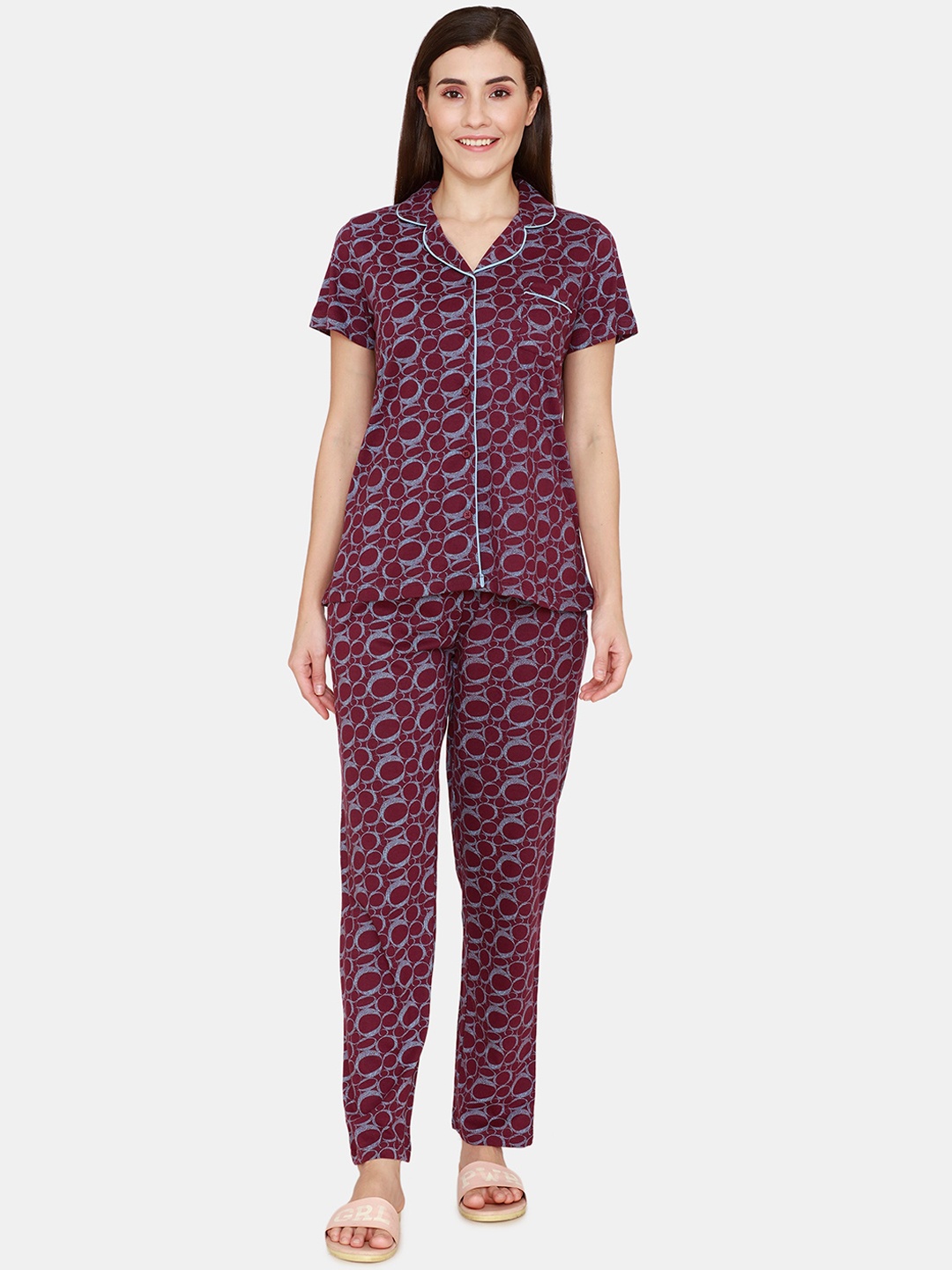 

Zivame Women Purple & Grey Printed Pure Cotton Night suit