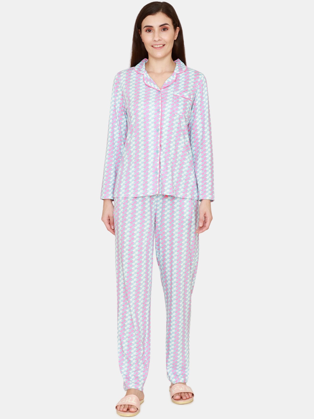 

Zivame Women Blue & Pink Printed Night suit