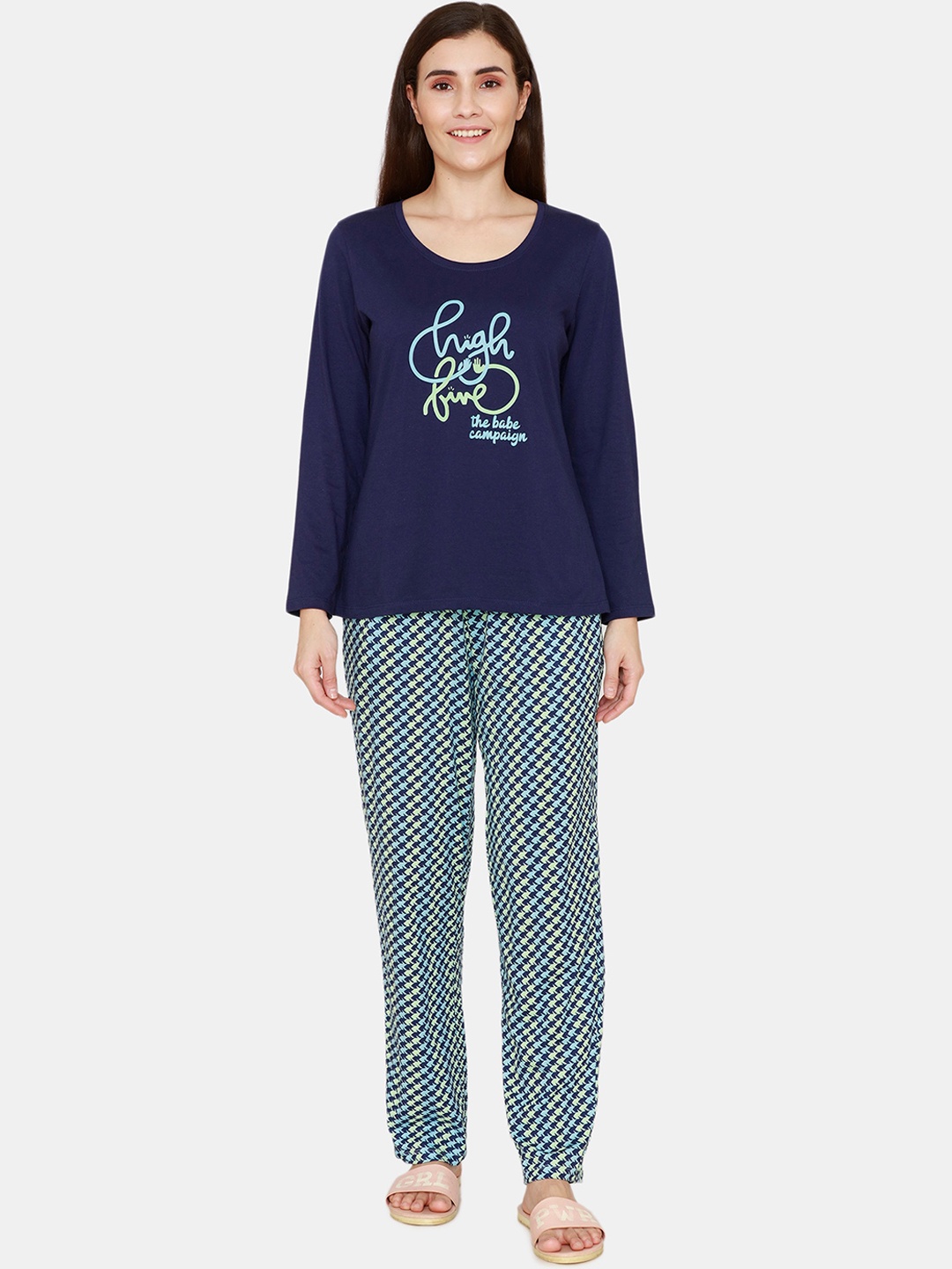 

Zivame Women Blue & Yellow Printed Pure Cotton Night suit