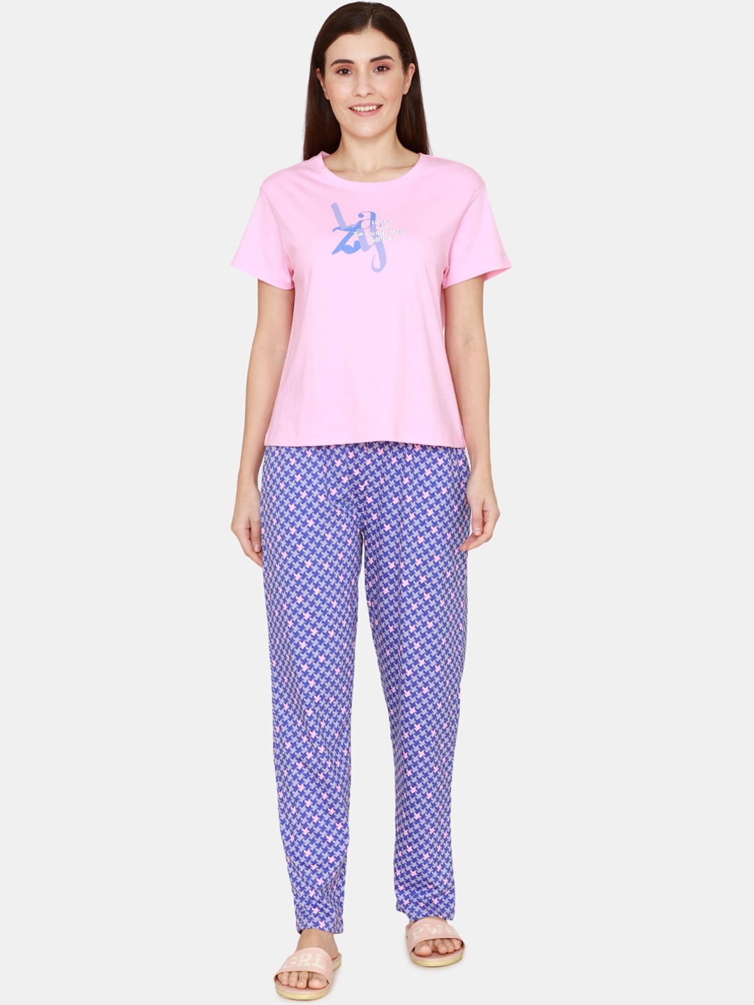 

Zivame Women Pink & Blue Printed Night suit