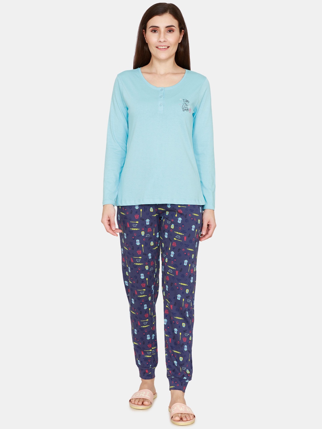

Zivame Women Blue & Yellow Pure Cotton Night suit