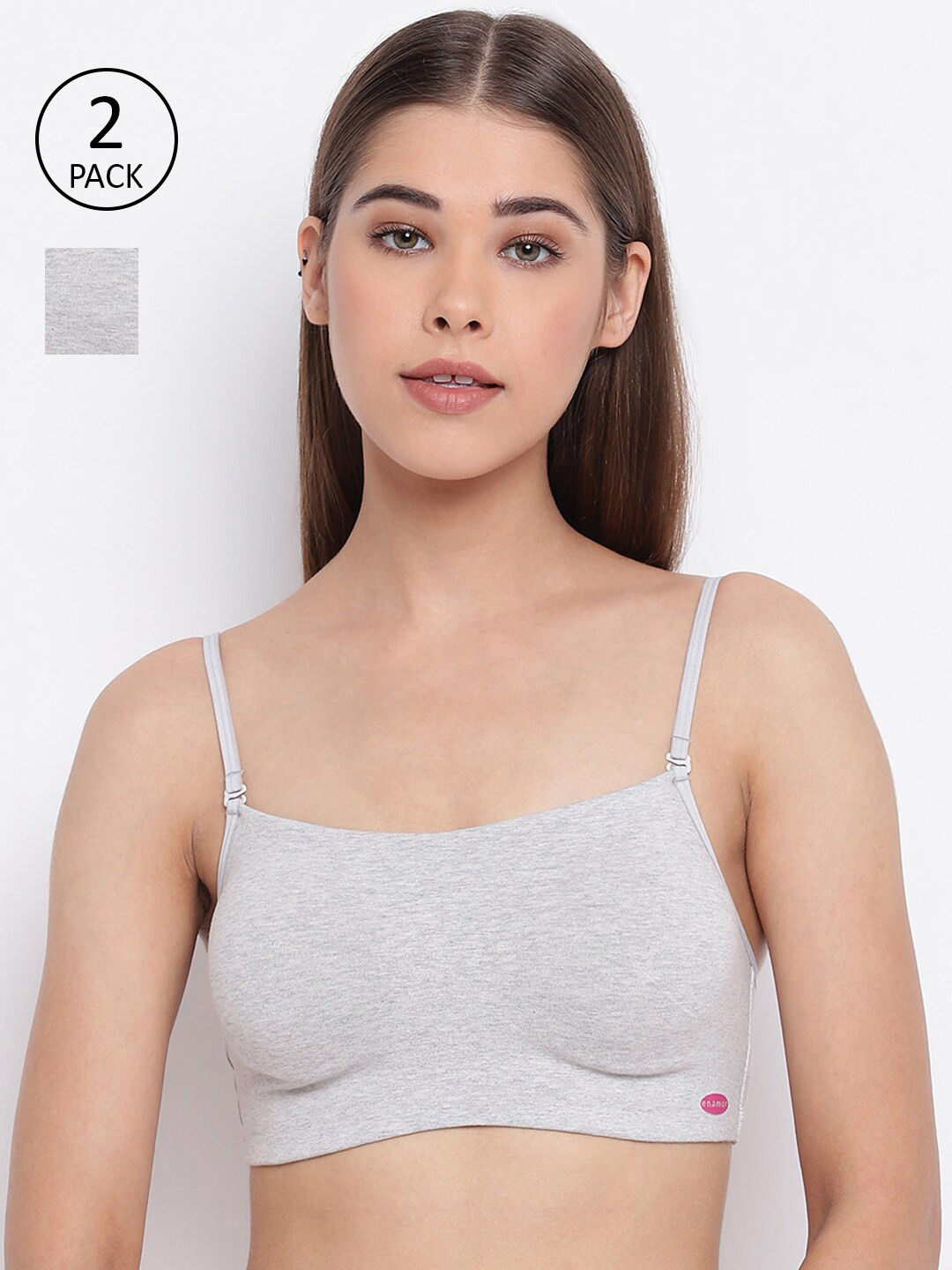 

Enamor Women Grey Pack of 2 Cami Cotton Bra Non-Padded Non Wired With Detachable Straps, Grey melange