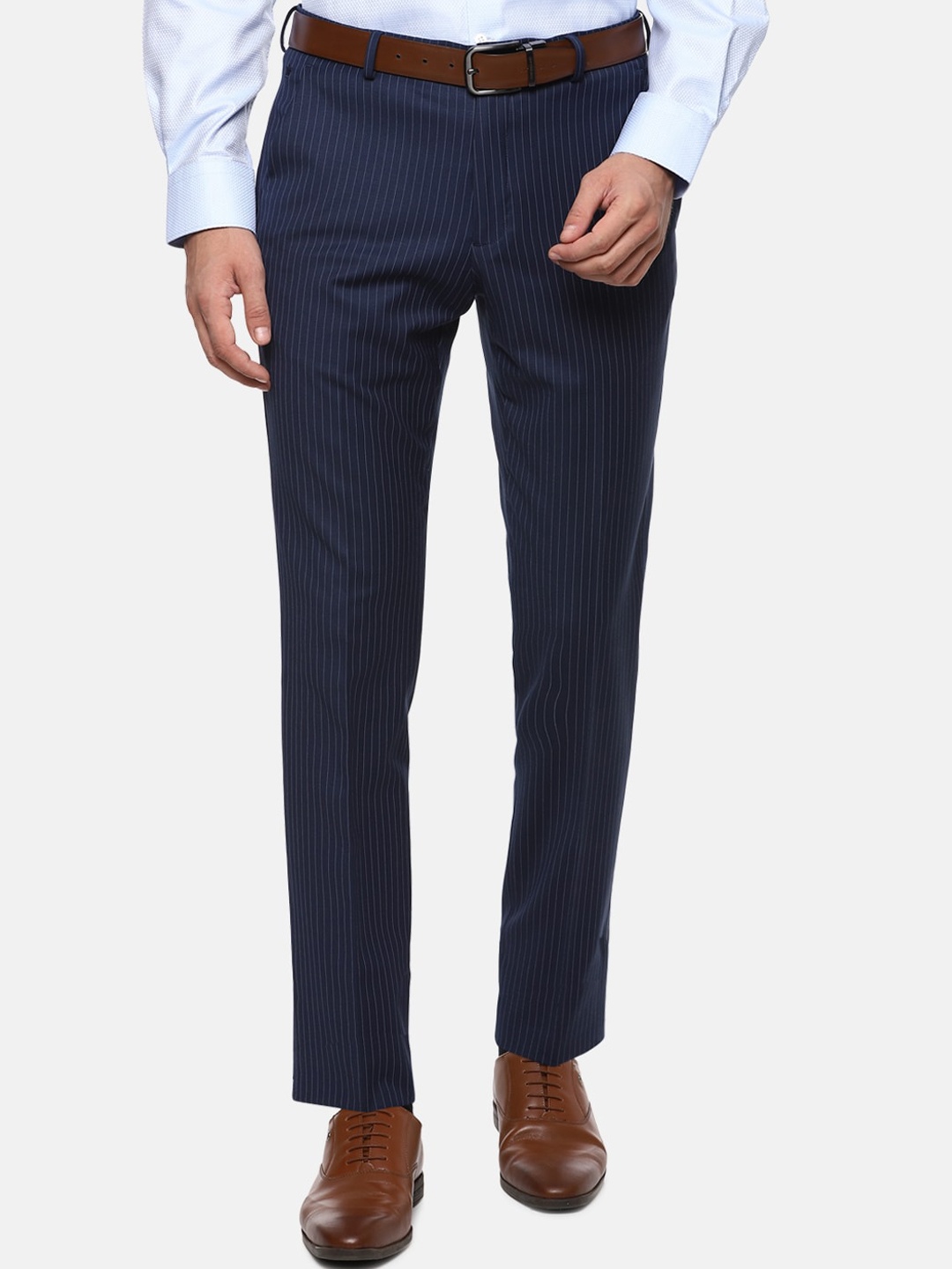 

Louis Philippe Permapress Men Navy Blue Striped Slim Fit Formal Trousers