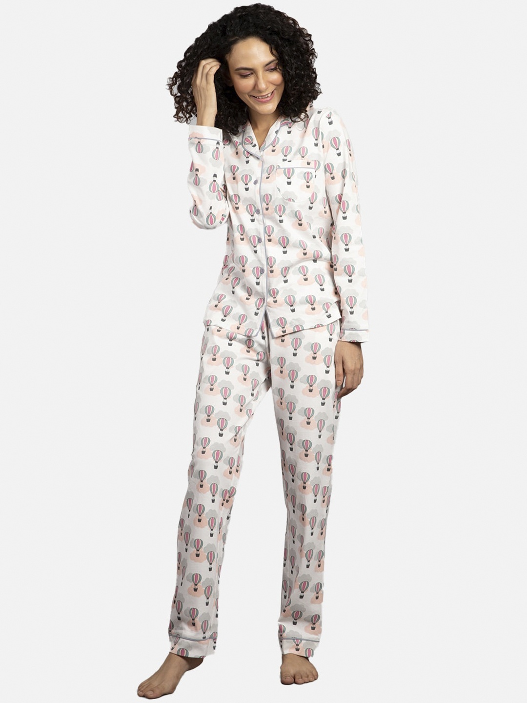 

Nite Flite Women Off White & Pink Printed Pure Cotton Night suit