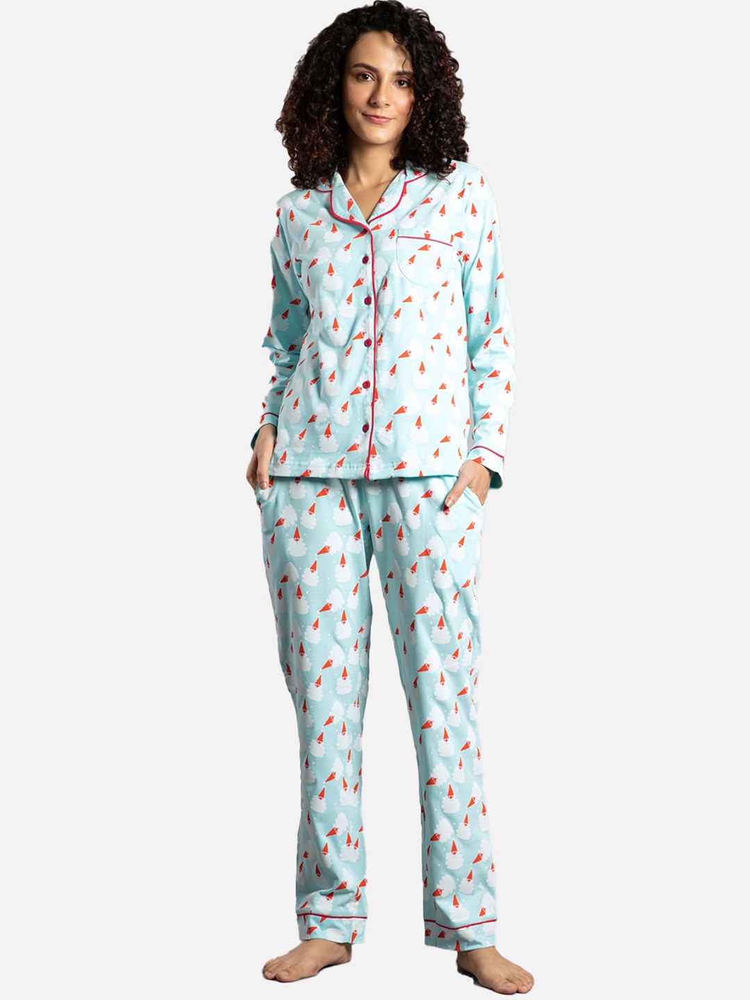 

Nite Flite Women Blue & Red Christmas Gnomes Printed Pure Cotton 2 Pc Night Suit