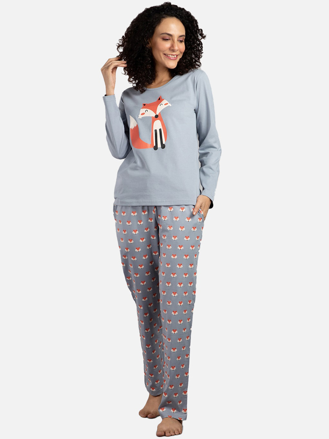 

Nite Flite Women Grey Pure Cotton Fox Printed Night Suit